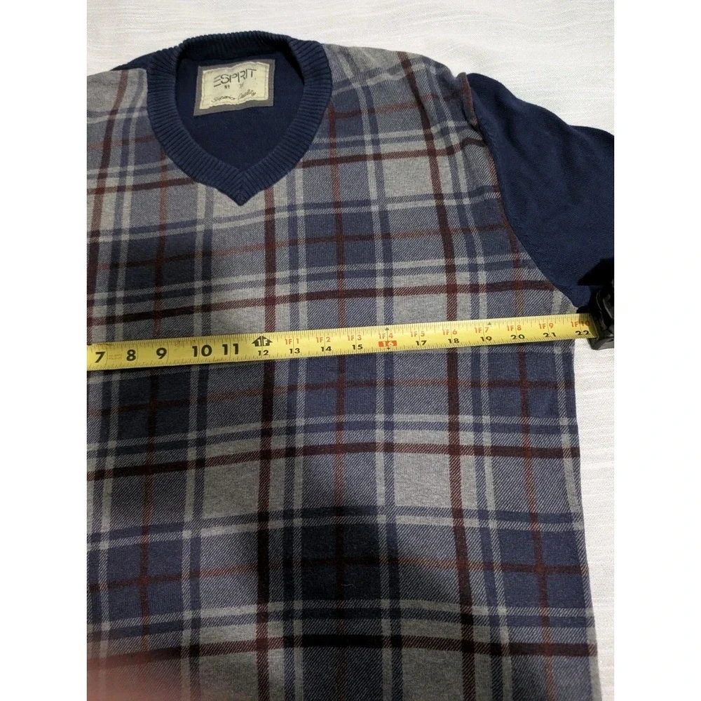 Y2K Esprit Men's V-Neck Plaid Sweater Large Blue Gray Maroon Cotton Long Sleeve‎
